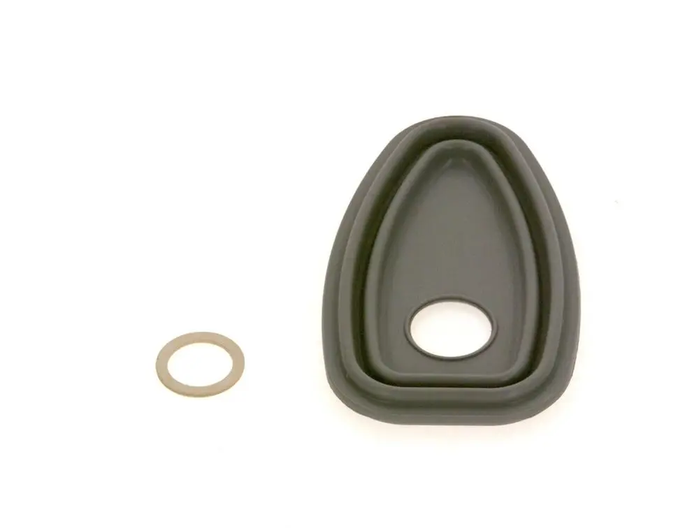 Schwarze gummierte komponente von Bosch mit ovalem Ausschnitt und einer zusätzlichen Metallringdichtung daneben.